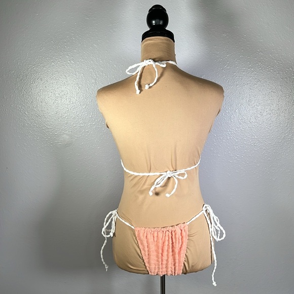 Peach terry cloth Y2K textured ring linked tie string beach vacation bikini sz S - Picture 3 of 6